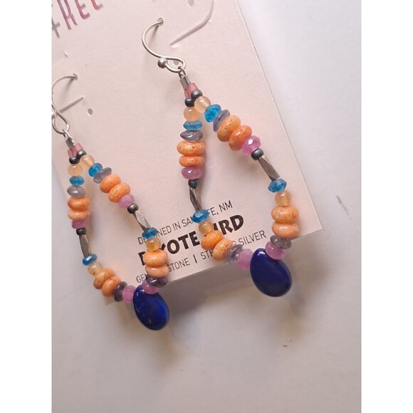 Peyote Bird Teardrop Shaped Multicolor Gemstone Earrings 2" Silver Hook NWT - Picture 2 of 6